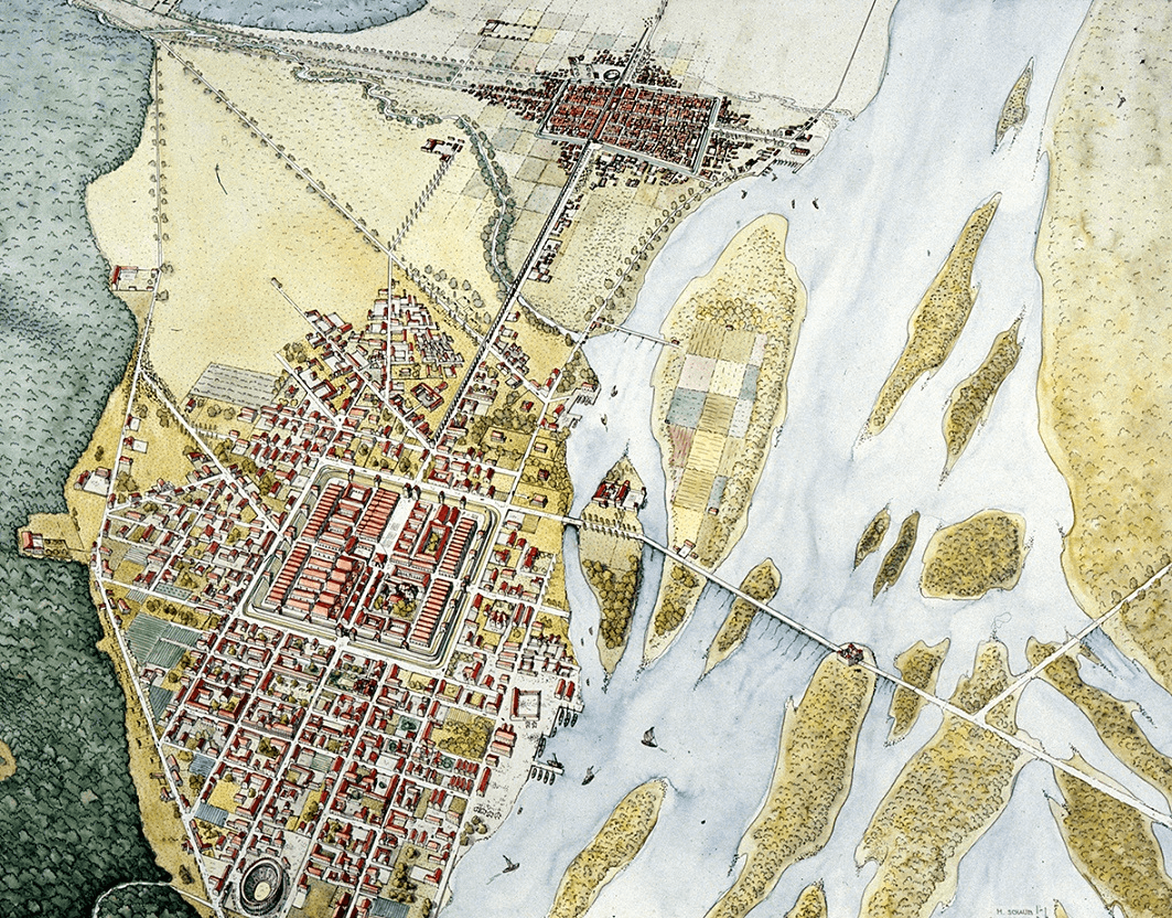 Illustrert tavle av Aquincum med ruiner, murplan og Donau som vertikal akse.