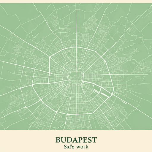 Mørk kartillustrasjon av Budapest med Donau, gylne markører og en rolig rute inn mot sentrum.